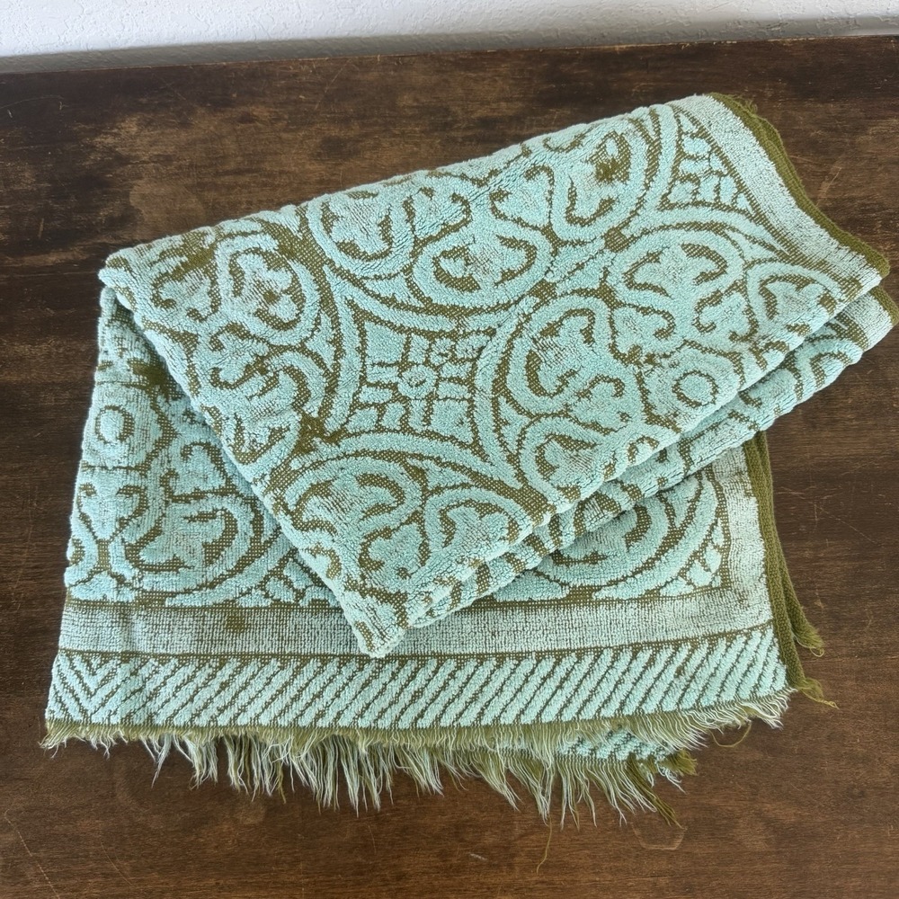 VTG MCM 1960s Callaway Bath Towel Green Blue  Fringe Retro Bright 100% Cotton